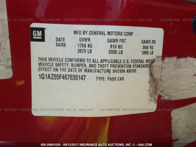 1G1AZ55F467836147 - 2006 CHEVROLET COBALT LTZ RED photo 9