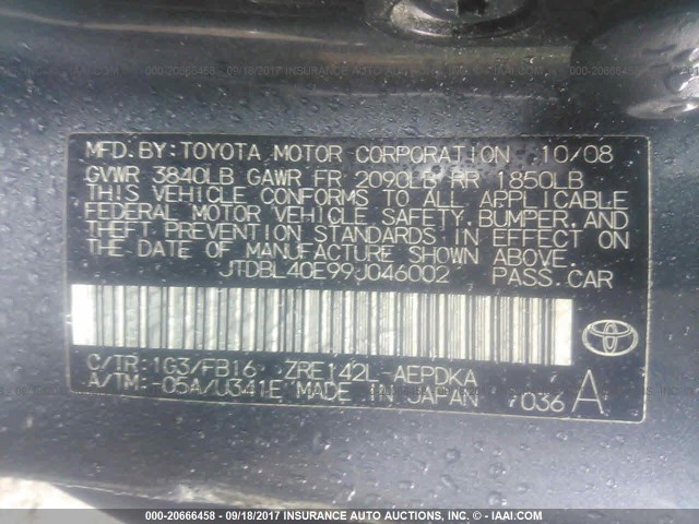 JTDBL40E99J046002 - 2009 TOYOTA COROLLA LE/XLE GRAY photo 9