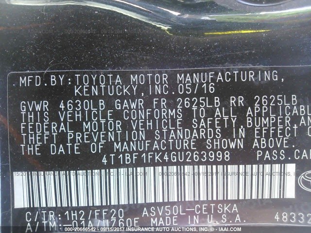 4T1BF1FK4GU263998 - 2016 TOYOTA CAMRY LE/XLE/SE/XSE BLACK photo 9