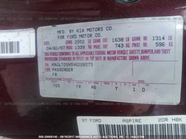 KNJLT05H5V6228273 - 1997 FORD ASPIRE RED photo 9