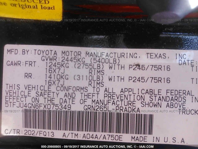 5TFJU4GN6FX075349 - 2015 TOYOTA TACOMA DOUBLE CAB PRERUNNER BLACK photo 9