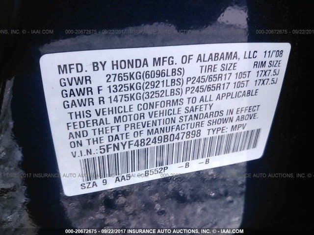 5FNYF48249B047898 - 2009 HONDA PILOT LX BLUE photo 9