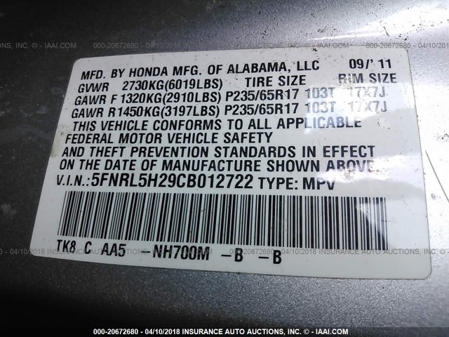 5FNRL5H29CB012722 - 2012 HONDA ODYSSEY LX SILVER photo 9