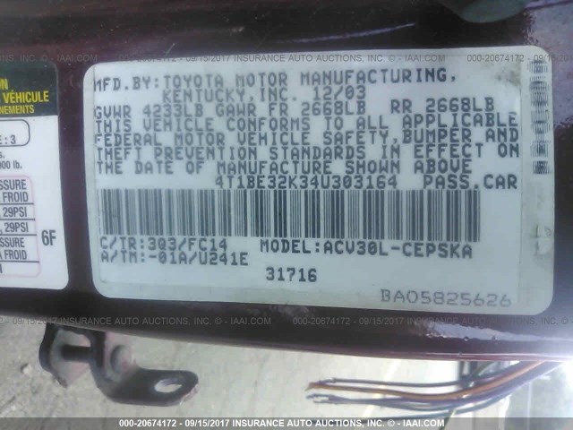 4T1BE32K34U303164 - 2004 TOYOTA CAMRY LE/XLE/SE მუქწითელი ფოტო 9