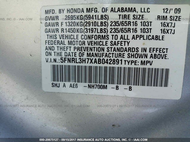 5FNRL3H7XAB042891 - 2010 HONDA ODYSSEY EXL ვერცხლისფერი ფოტო 9