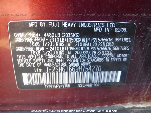 JF2SH61669H754270 - 2009 SUBARU FORESTER 2.5X RED photo 9