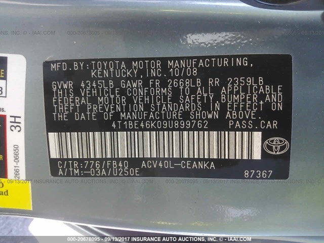 4T1BE46K09U899762 - 2009 TOYOTA CAMRY SE/LE/XLE GREEN photo 9