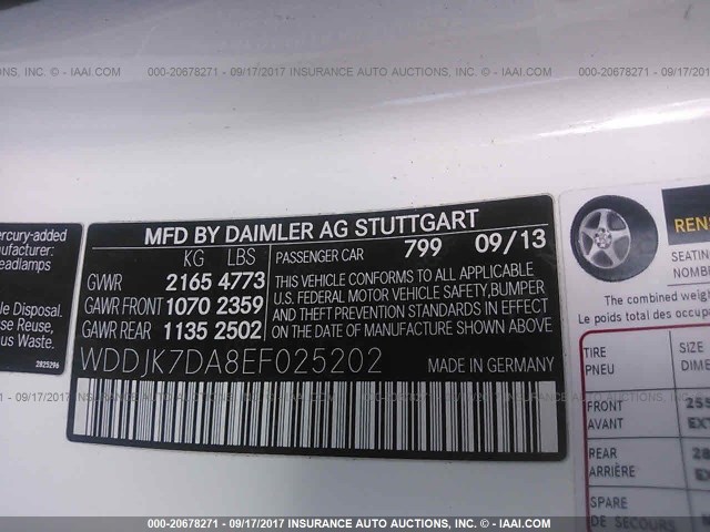 WDDJK7DA8EF025202 - 2014 MERCEDES-BENZ SL 550 WHITE photo 9