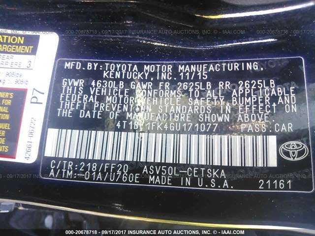 4T1BF1FK4GU171077 - 2016 TOYOTA CAMRY LE/XLE/SE/XSE 黑色 照片 9