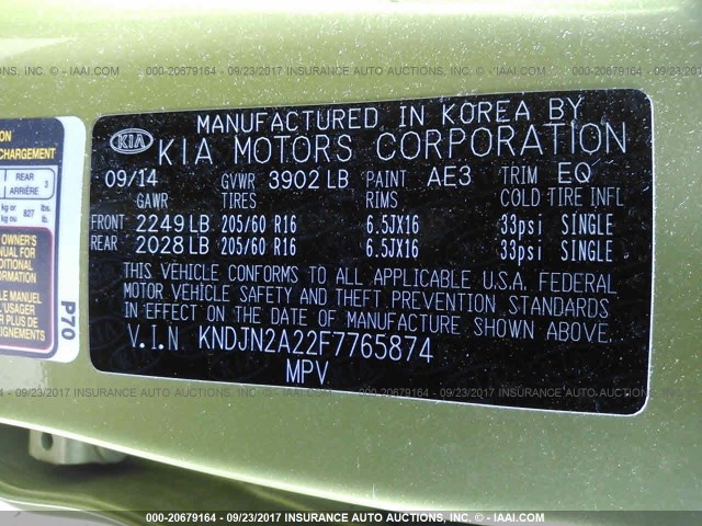 KNDJN2A22F7765874 - 2015 KIA SOUL GREEN photo 9