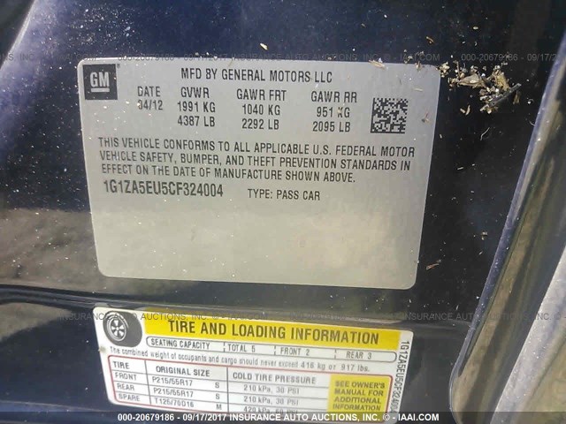 1G1ZA5EU5CF324004 - 2012 CHEVROLET MALIBU LS მუქი ლურჯი ფოტო 9