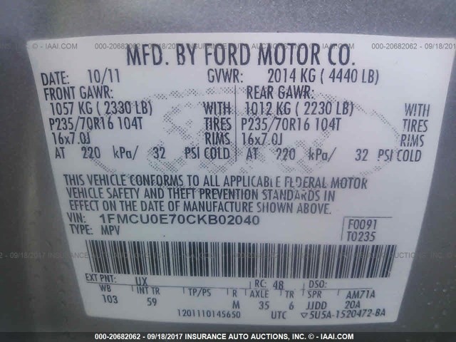 1FMCU0E70CKB02040 - 2012 FORD ESCAPE LIMITED SILVER photo 9