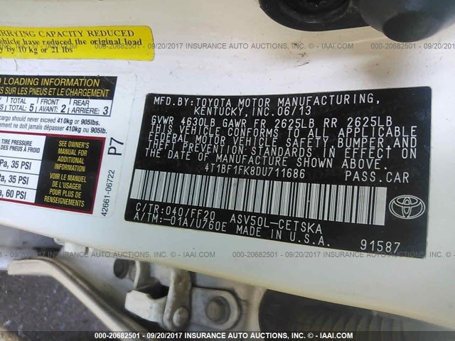 4T1BF1FK8DU711686 - 2013 TOYOTA CAMRY L/SE/LE/XLE WHITE photo 9