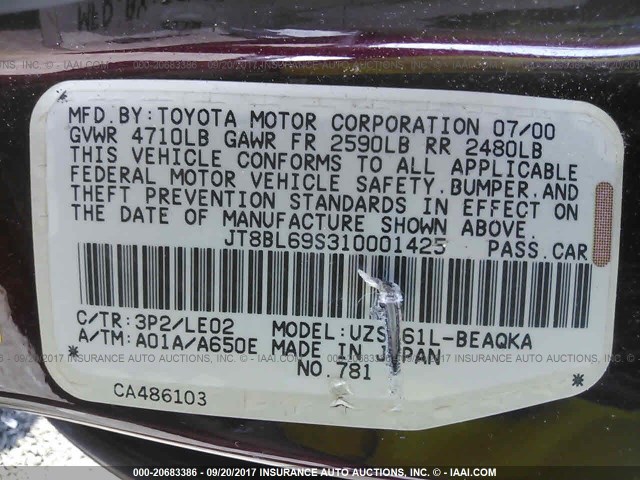 JT8BL69S310001425 - 2001 LEXUS GS 430 MAROON photo 9