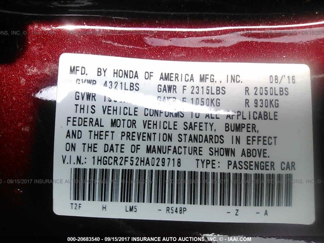 1HGCR2F52HA029718 - 2017 HONDA ACCORD SPORT 栗色 照片 9
