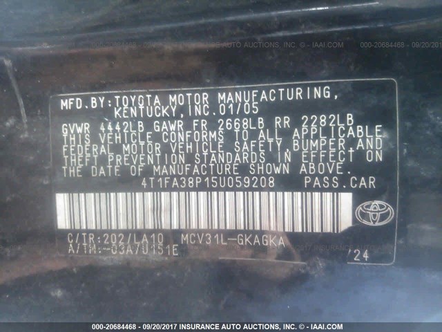 4T1FA38P15U059208 - 2005 TOYOTA CAMRY SOLARA SE/SLE შავი ფოტო 9