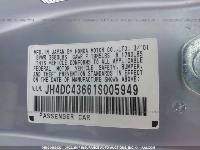 JH4DC43661S005949 - 2001 ACURA INTEGRA GS SILVER photo 9