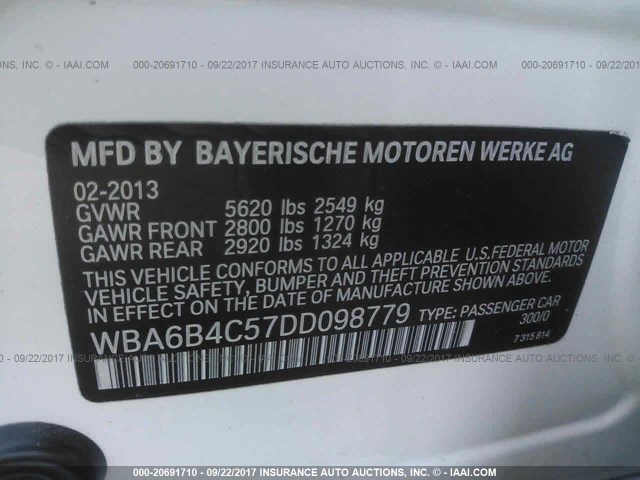 WBA6B4C57DD098779 - 2013 BMW 650 XI WHITE photo 9