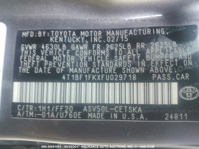 4T1BF1FKXFU029718 - 2015 TOYOTA CAMRY LE/XLE/SE/XSE ნაცრისფერი ფოტო 9