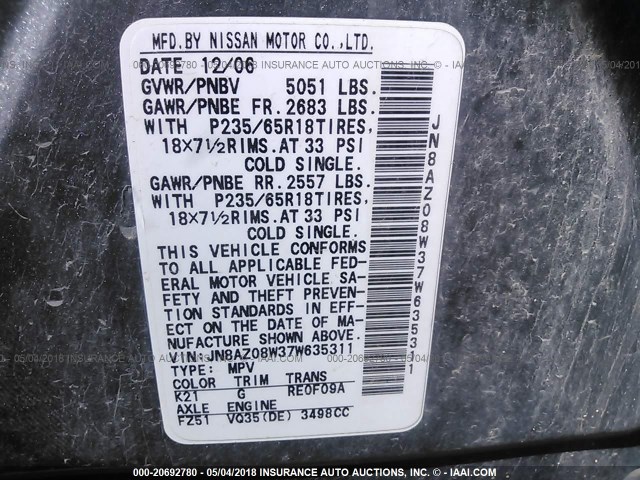 JN8AZ08W37W635311 - 2007 NISSAN MURANO SL/SE/S GRAY photo 9