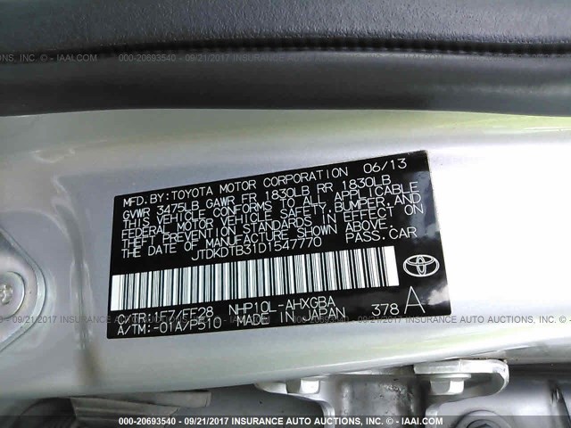 JTDKDTB31D1547770 - 2013 TOYOTA PRIUS C SILVER photo 9