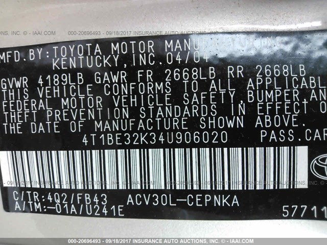 4T1BE32K34U906020 - 2004 TOYOTA CAMRY LE/XLE/SE 米色 照片 9