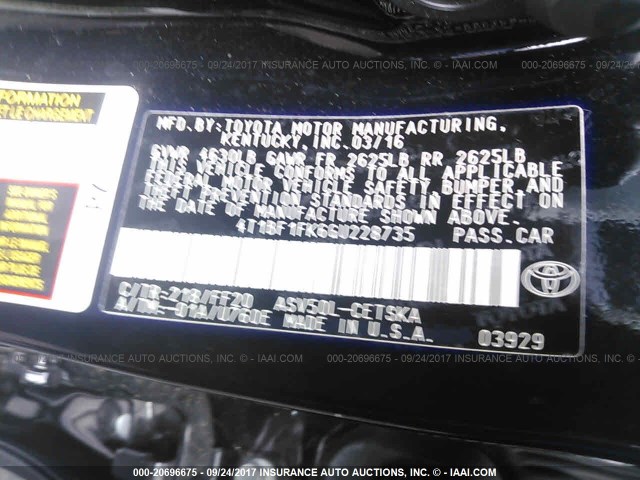 4T1BF1FK6GU228735 - 2016 TOYOTA CAMRY LE/XLE/SE/XSE BLACK photo 9