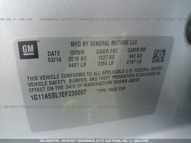 1G11A5SL7EF230007 - 2014 CHEVROLET MALIBU LS SILVER photo 9