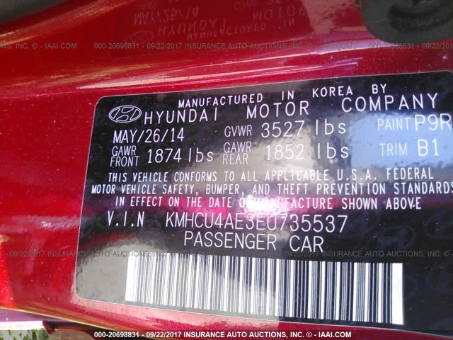 KMHCU4AE3EU735537 - 2014 HYUNDAI ACCENT GLS/SE RED photo 9