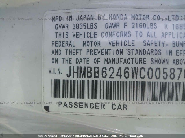 JHMBB6246WC005876 - 1998 HONDA PRELUDE WHITE photo 9