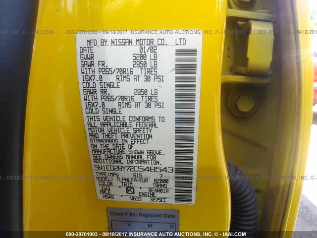 5N1ED28Y72C548543 - 2002 NISSAN XTERRA XE/SE YELLOW photo 9