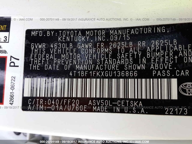 4T1BF1FKXGU136866 - 2016 TOYOTA CAMRY LE/XLE/SE/XSE Weiß Foto 9