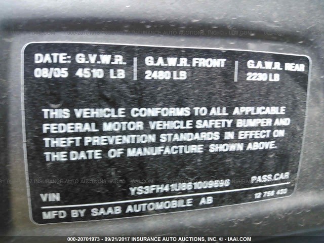 YS3FH41U861009696 - 2006 SAAB 9-3 AERO GRAY photo 9