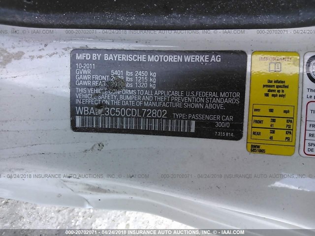 WBALZ3C50CDL72802 - 2012 BMW 650 I WHITE photo 9