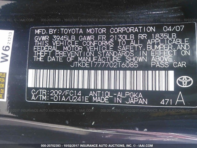 JTKDE177770216085 - 2007 TOYOTA SCION TC 黑色 照片 9