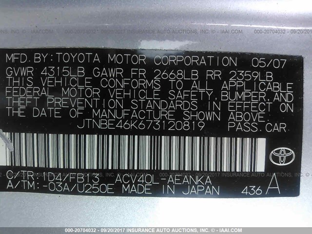 JTNBE46K673120819 - 2007 TOYOTA CAMRY NEW GENERAT CE/LE/XLE/SE SILVER photo 9