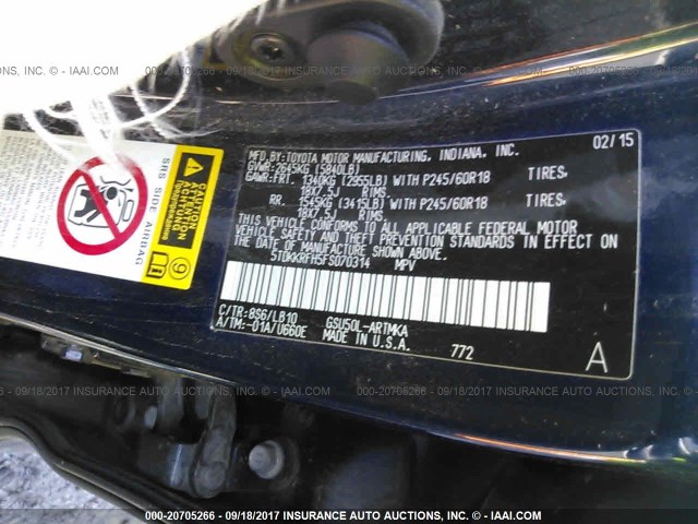 5TDKKRFH5FS070314 - 2015 TOYOTA HIGHLANDER XLE ლურჯი ფოტო 9