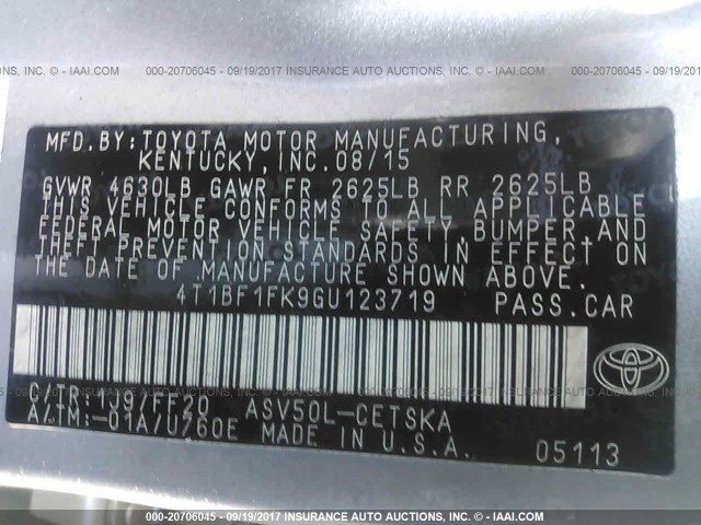 4T1BF1FK9GU123719 - 2016 TOYOTA CAMRY LE/XLE/SE/XSE Argent photo 9