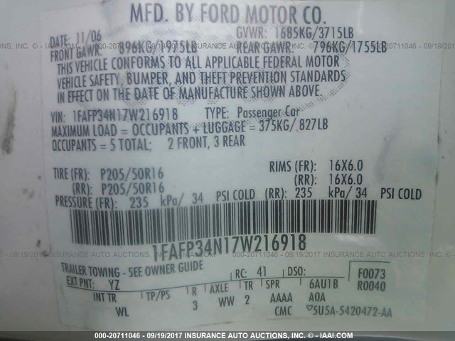 1FAFP34N17W216918 - 2007 FORD FOCUS ZX4/S/SE/SES WHITE photo 9