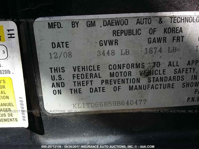 KL1TD66E59B640477 - 2009 CHEVROLET AVEO LS/LT 黑色 照片 9