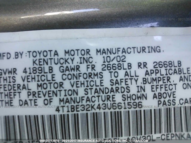 4T1BE32K43U661596 - 2003 TOYOTA CAMRY LE/XLE/SE ნაცრისფერი ფოტო 9