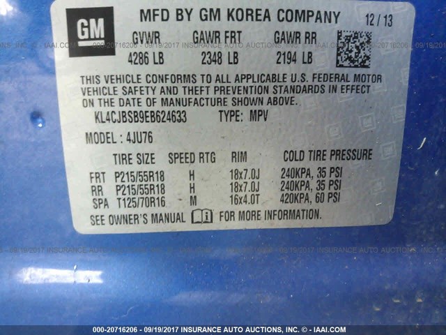 KL4CJBSB9EB624633 - 2014 BUICK ENCORE CONVENIENCE 蓝色 照片 9