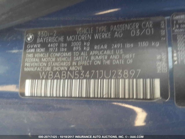 WBABN53471JU23897 - 2001 BMW 330 CI BLUE photo 9