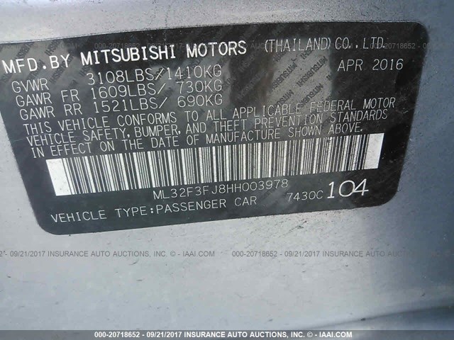 ML32F3FJ8HH003978 - 2017 MITSUBISHI MIRAGE G4 ES ვერცხლისფერი ფოტო 9