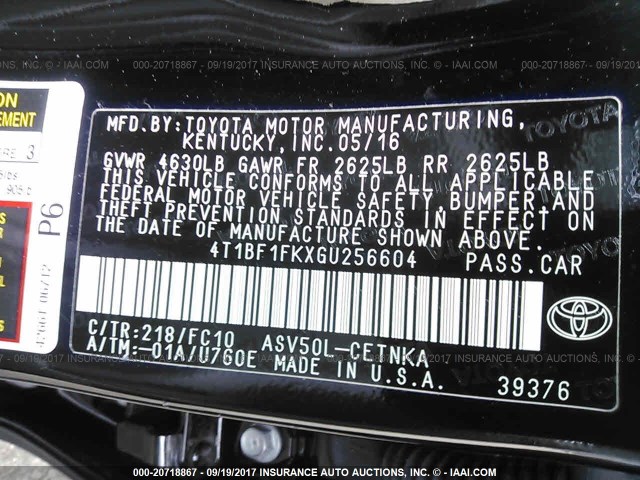 4T1BF1FKXGU256604 - 2016 TOYOTA CAMRY LE/XLE/SE/XSE BLACK photo 9