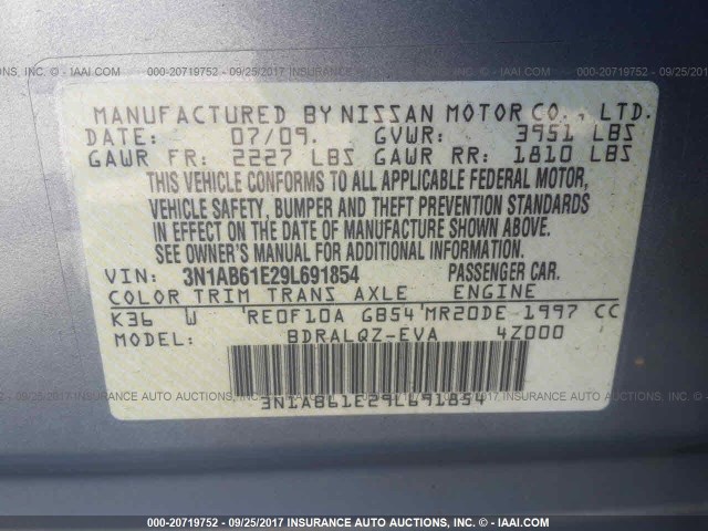 3N1AB61E29L691854 - 2009 NISSAN SENTRA 2.0/2.0S/2.0SL GRAY photo 9