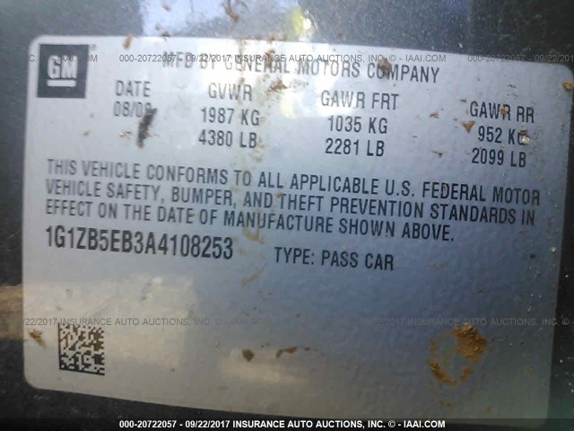 1G1ZB5EB3A4108253 - 2010 CHEVROLET MALIBU LS 灰色 照片 9