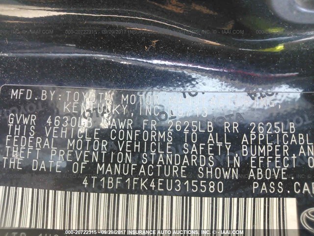 4T1BF1FK4EU315580 - 2014 TOYOTA CAMRY L/SE/LE/XLE 黑色 照片 9