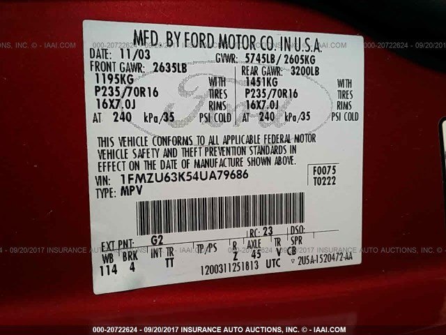 1FMZU63K54UA79686 - 2004 FORD EXPLORER XLT/XLT SPORT/NBX 红色 照片 9