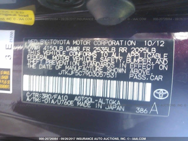 JTKJF5C79D3057531 - 2013 TOYOTA SCION TC 勃艮第红 照片 9